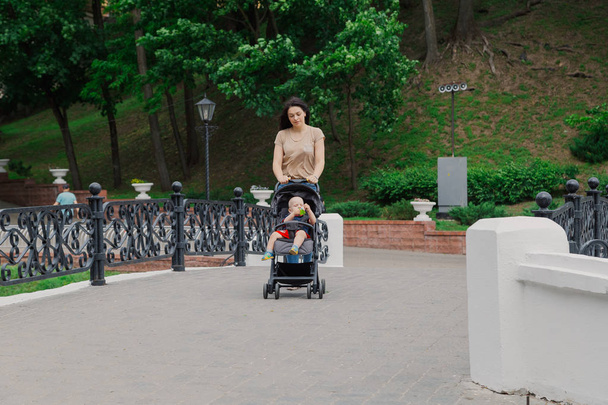 Beautiful woman with a child in a pram walks through a summer park. - Foto, imagen