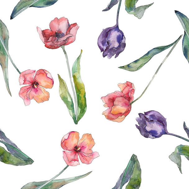 Red and purple tulip floral botanical flowes. Watercolor background illustration set. Seamless background pattern. - Foto, Imagen