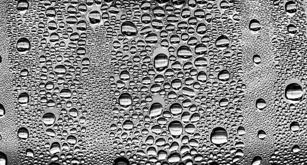 Σταγόνες βροχής στο γυαλί, μαύρο-λευκό φόντο, μόδα γυαλί υφή. - Φωτογραφία, εικόνα