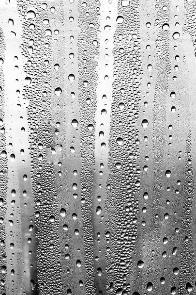 Gotas de lluvia en el vidrio, fondo blanco y negro, textura de vidrio de moda
. - Foto, imagen