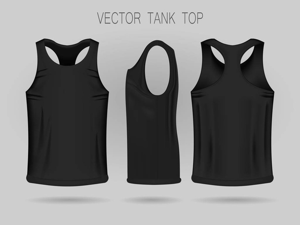 Mens black tank top template in three dimensions: front, side and back view. - Vector, afbeelding