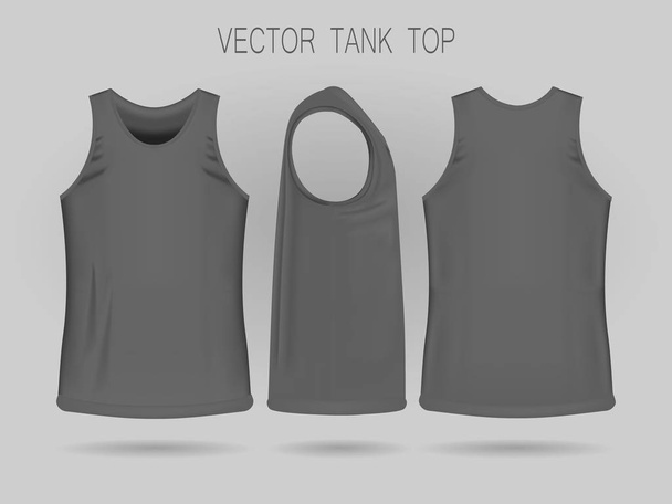 Mens gray tank top template in three dimensions: front, side and back view. - Διάνυσμα, εικόνα