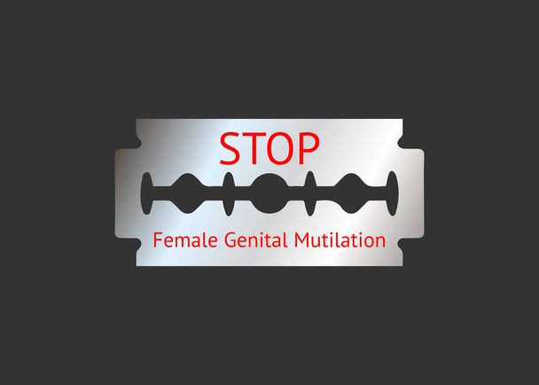 Σταματήστε τον ακρωτηριασμό των γυναικείων γεννητικών οργάνων. Μηδενική ανοχή στον ακρωτηριασμό των γυναικείων γεννητικών οργάνων. Σταμάτα τη γυναικεία περιτομή. Λεπίδα ξυραφιού με κείμενο απομονωμένο σε γκρι φόντο - Διάνυσμα, εικόνα