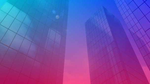 Digital animation of buildings with blue and violet gradient while clouds move in the background - Materiał filmowy, wideo