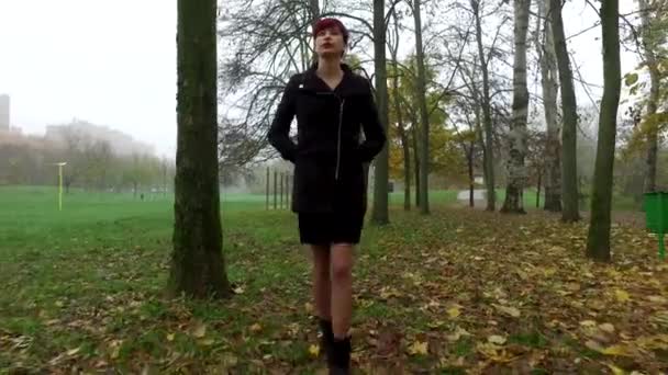 Beautiful portrait of young redhead woman  in a park during a autumn morning. - Metraje, vídeo