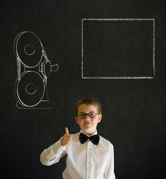 Thumbs up boy business man with retro chalk film projector - Zdjęcie, obraz