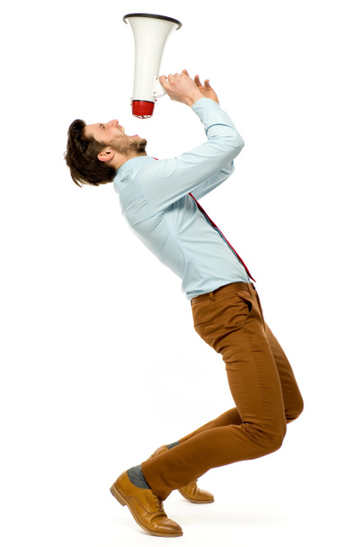 Homme criant à travers le mégaphone
 - Photo, image