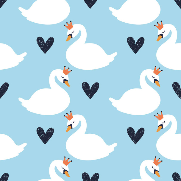 Cartoon cute swan seamless pattern, vector design for wrapping paper, textile, background fill design. - ベクター画像