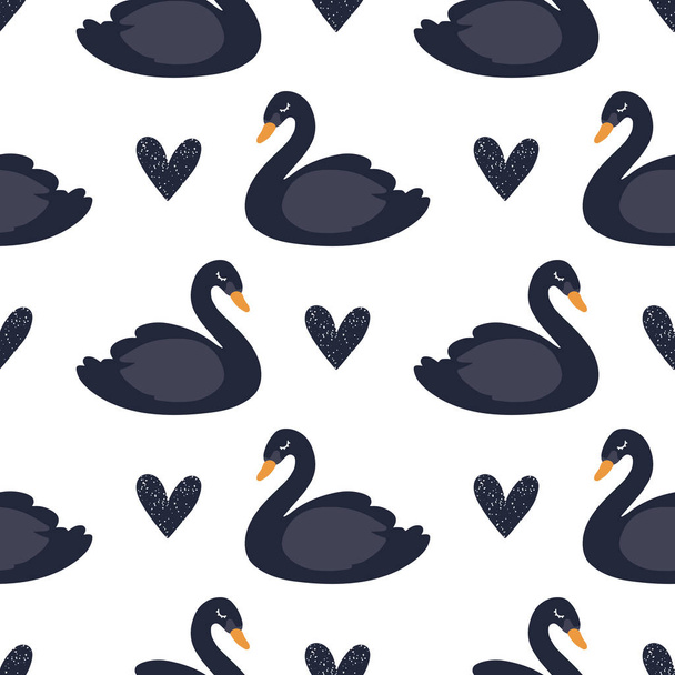 Zwarte cartoon cute Swan naadloze patroon, Vector ontwerp voor inpakpapier, textiel, achtergrondopvulling ontwerp - Vector, afbeelding