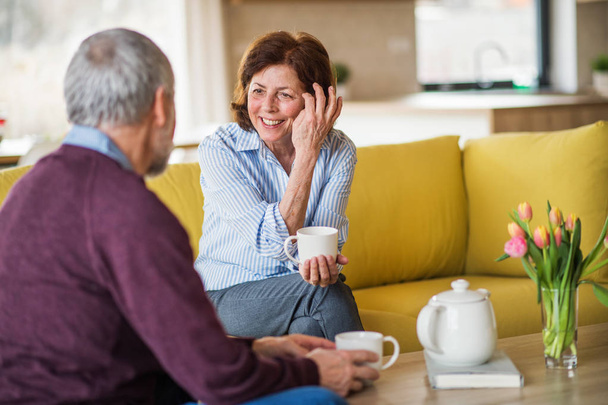 Affettuosa coppia di anziani innamorati seduti sul divano in casa, parlando
. - Foto, immagini
