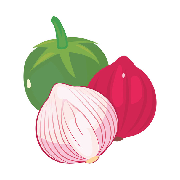 ajo cebolla roja tomate alimentos frescos
 - Vector, imagen