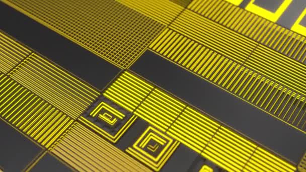 Mroczne futurystyczne animowane tło technologiczne wykonane z wytłaczanych kształtów z żółtymi liniami świecącymi. Abstrakcyjna pętla tła. Animacja renderowania 3D - Materiał filmowy, wideo