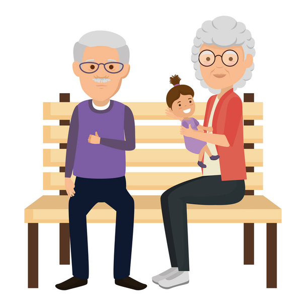 公園の椅子で孫娘と祖父母のカップル - ベクター画像