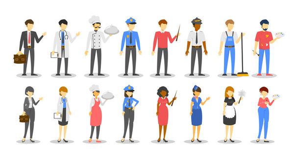男女職業セット。様々な制服を着た労働者 - ベクター画像