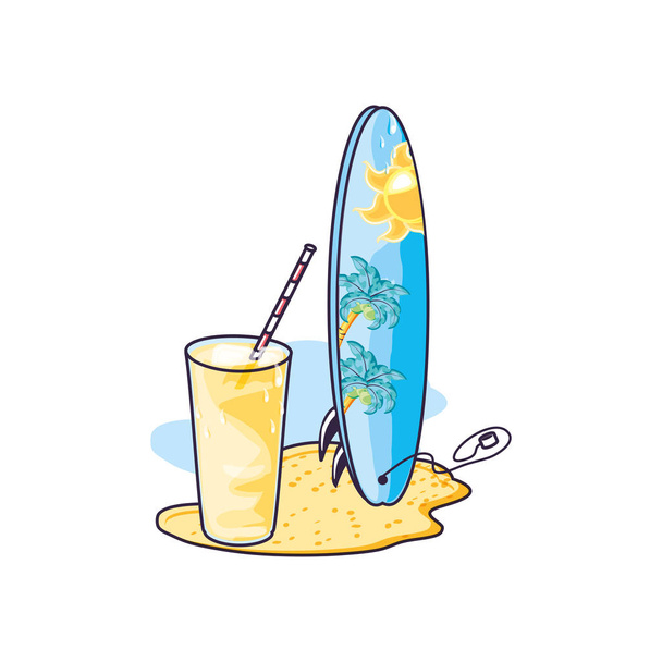 succo di frutta rinfrescante in spiaggia con tavola da surf
 - Vettoriali, immagini