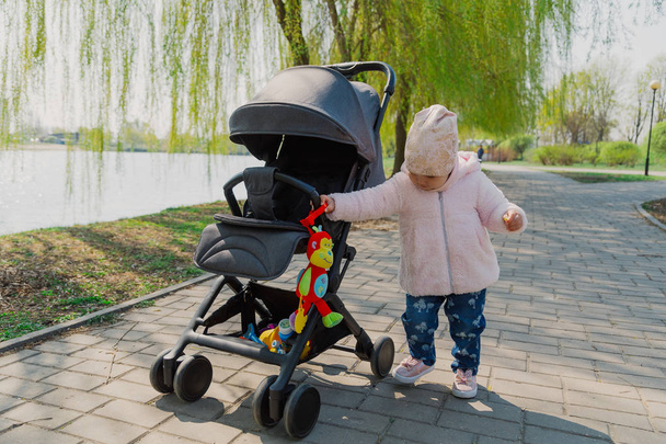 Küçük bir kız bebek arabası parkta inişli çıkışlı olduğunu. Çocuk arabası ile oynarken parkta. - Fotoğraf, Görsel