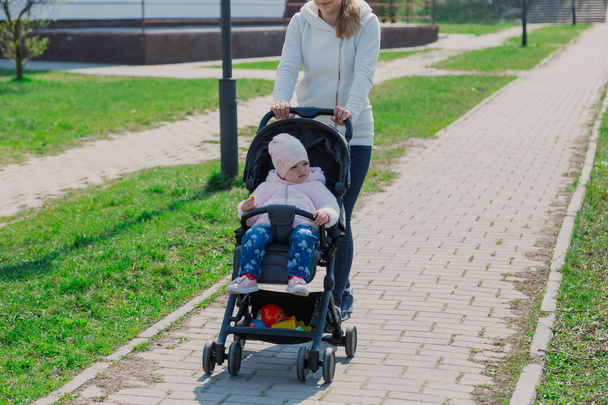 Young mother with a baby in a stroller in a summer park. - Photo, Image