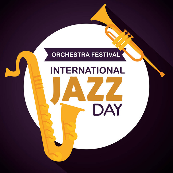 saxophone with trumpet and label to jazz day - Vector, Image
