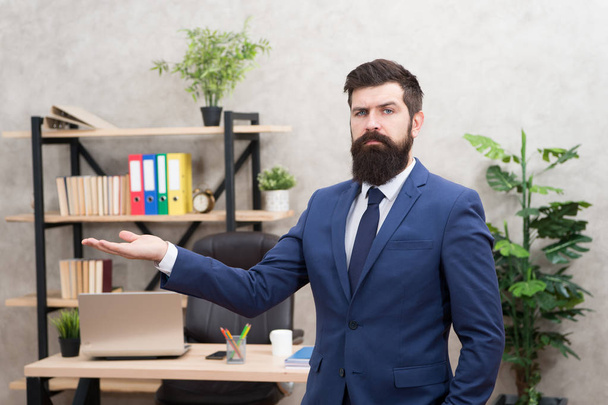 Man bearded top manager boss in office. Business career. Start own business. Business man formal suit successful guy. Run a company. Human resources. Job interview. Recruiter professional occupation - Fotoğraf, Görsel