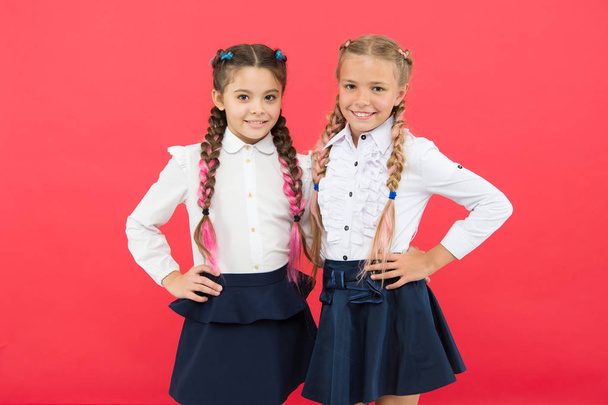 Schoolgirls with cute hairstyle and happy smiles. Best friends excellent pupils. Schoolgirls tidy appearance glad to meet you. Meet new friends in school. School friendship. Should school be more fun - Photo, Image