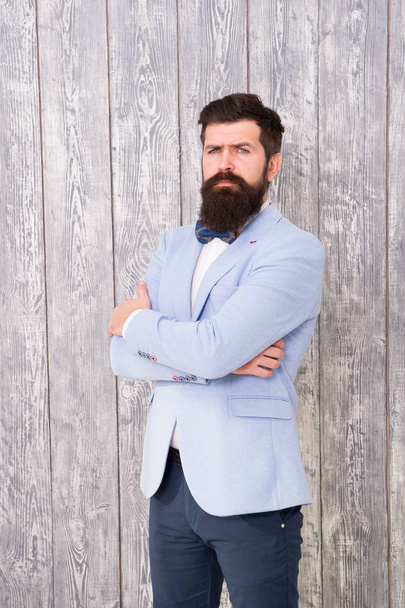 Gentleman style barber. Barber shop concept. Beard and mustache. Guy well groomed handsome bearded hipster wear tuxedo. Barber shop offer range of packages for groom. Romantic wedding outfit - Фото, зображення