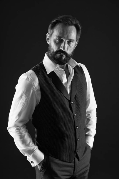 Formal outfit. Elegant outfit mature man. Take good care of your silhouette. How to dress for your age. Elegancy and male style. Classy style. Man bearded guy wear white shirt and classic vest outfit - 写真・画像