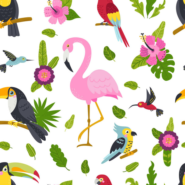 Seamless pattern with cute birds and plants - Вектор,изображение