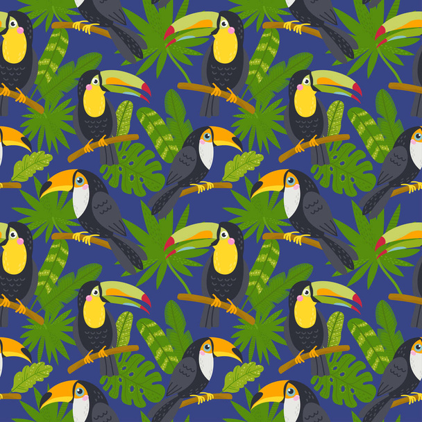 Seamless pattern with cute toucans from the jungle - Вектор,изображение