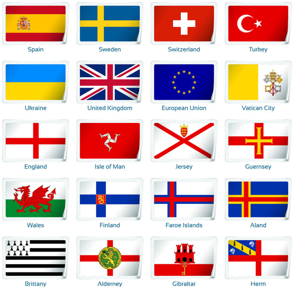 Σειρά από είκοσι σημαίες σε στυλ αυτοκόλλητου. Ευρώπη τρεις από τρεις. - Διάνυσμα, εικόνα