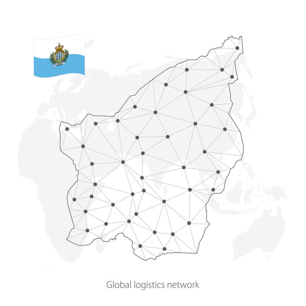 Concetto di rete logistica globale. Mappa della rete di comunicazione San Marino sullo sfondo mondiale. Mappa di San Marino con nodi in stile poligonale e bandiera. Illustrazione vettoriale EPS10
.  - Vettoriali, immagini