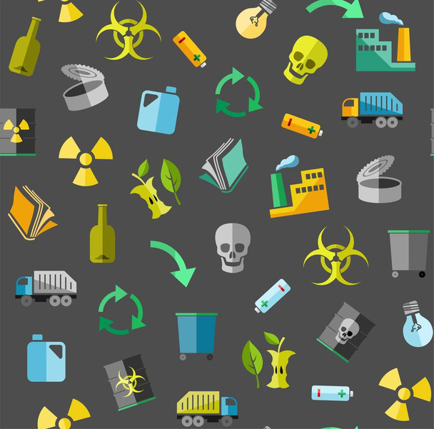 Waste collection and disposal, seamless pattern, gray, color, vector. Garbage collection, different types of waste. Vector, seamless background. Colored, flat icons on a gray background.  - Vektör, Görsel