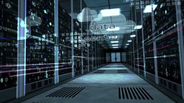 Концепция хранения данных и цифровых вычислений с символом облака на стеклянной двери в серверной. Камера поднимается в коридор с рабочими компьютерными стойками. 3D-абстрактная анимация
. - Кадры, видео