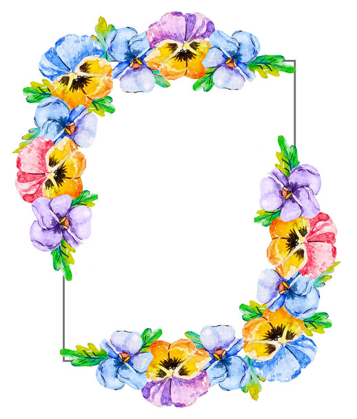 ブーケビオラパンジーと水彩垂直花のフレームの背景。カスタム テキストの空白の中心を持つ花枠。誕生日や結婚式のカード、招待状、ポスター、母の日カードのために. - 写真・画像