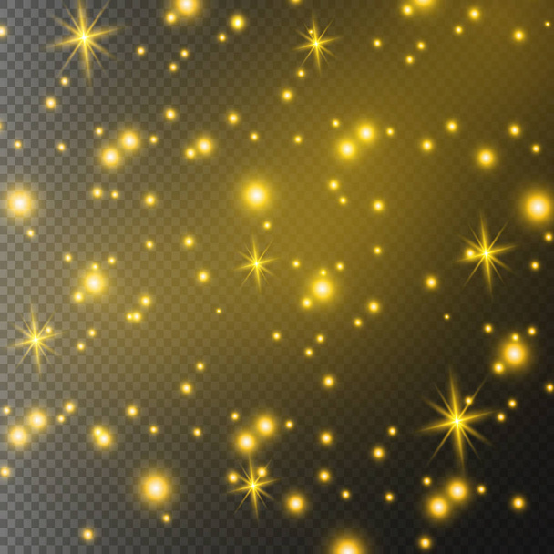 Пыль жёлтая. Желтые искры и золотые звезды сияют особым светом. Вектор сверкает на прозрачном фоне. Рождественский световой эффект. Искрящиеся волшебные частицы пыли. - Вектор,изображение