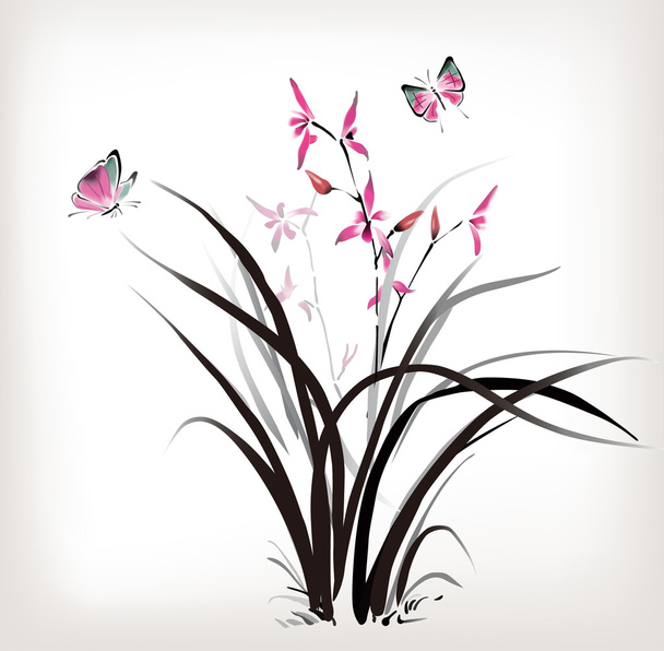 Chinese Orchid and butterfly ink style - Vector, imagen