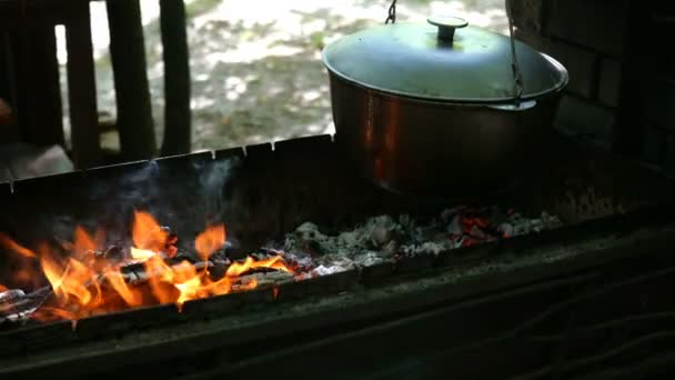 Kocioł, w którym zupa lub inne jedzenie jest przygotowany zawiesza kołysząc się na Drewno kominkowe i coals, które spalania na grilla Grill. Zewnątrz. Zbliżenie. - Materiał filmowy, wideo