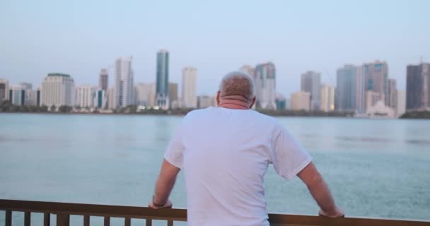 Vrchní muž, který se dívá na záliv stojící na nábřeží - Záběry, video