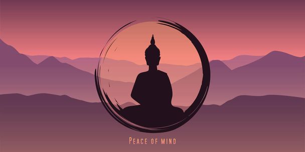 peace of mind meditation concept buddha silhouette with mountain background - Vector, Image