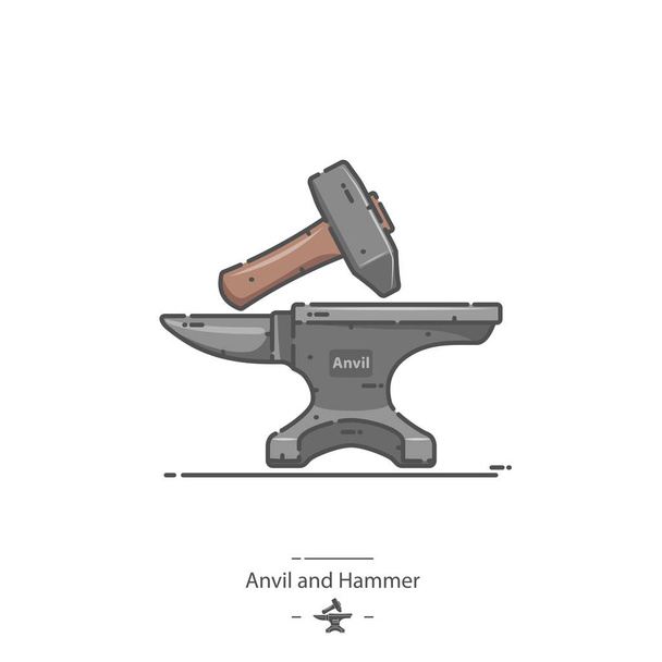 Anvil en Hammer-line kleur icoon - Vector, afbeelding