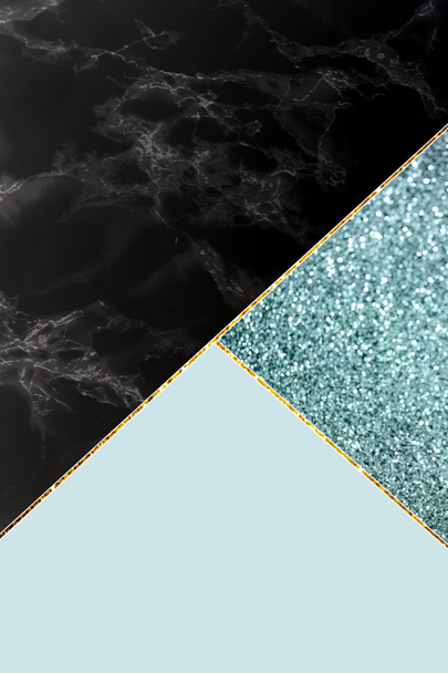 geometric background with blue glitter, black marble and light blue color - Photo, Image