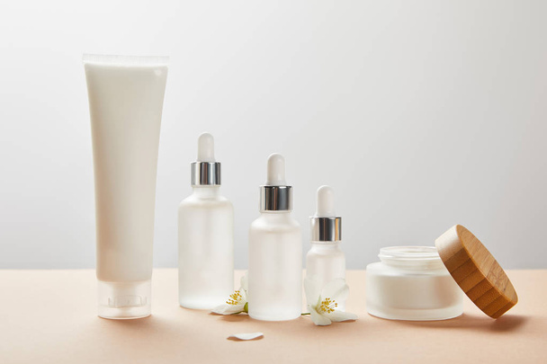 cream tube, cosmetic glass bottles, open jar with cream and few jasmine flowers on beige  - Photo, Image