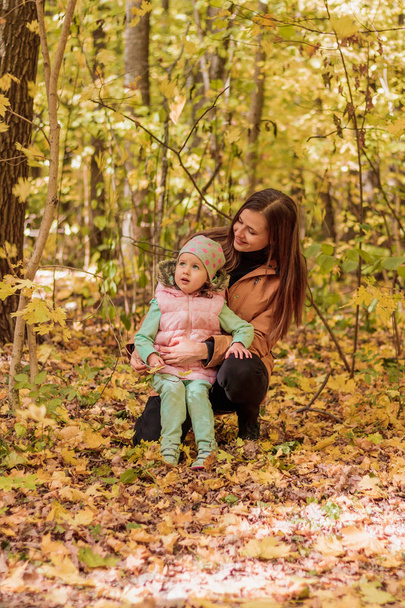 Matka a dcera 3 roky chůze v podzimním lese, rekreace venku - Fotografie, Obrázek