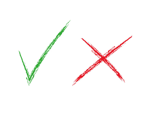 白い背景に緑色のチェックマークと赤い十字の分離されたシンボルのセット。選びのしるし. - ベクター画像