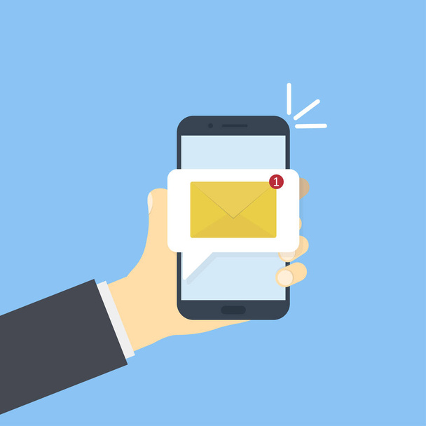 Hand mit Smartphone mit neuer Nachricht. SMS-Symbol oder E-Mail-Anwendung auf blauem Hintergrund. - Vektor, Bild