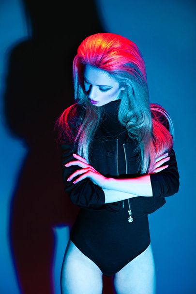 Fashion colorful shot of woman in leather jacket - Φωτογραφία, εικόνα