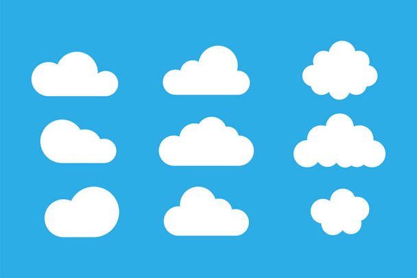 Набір хмар, ізольованих на синьому фоні. Погодні знаки. Білі паперові наклейки. Збірка піктограм хмар
. - Вектор, зображення