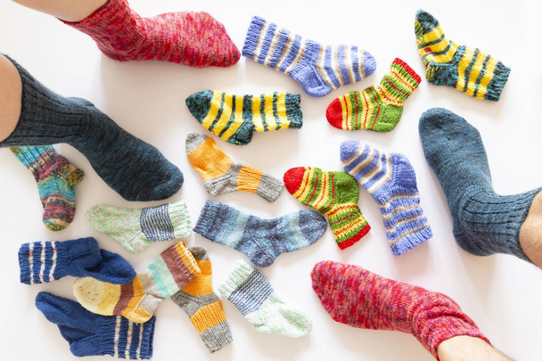 Kleurrijke wollen sokken en twee paar poten op witte achtergrond - Foto, afbeelding