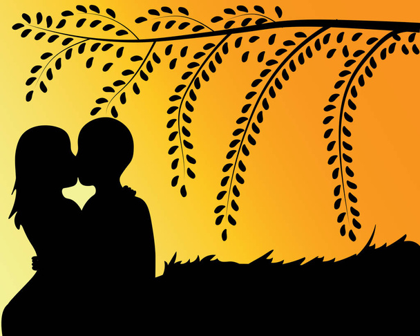  φιλιά ζευγάρι κάτω από το δέντρο στο ηλιοβασίλεμα - Διάνυσμα, εικόνα