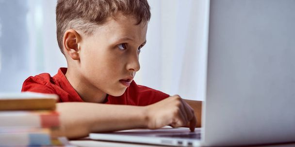 child is looking for information on the Internet through a lapto - Фото, изображение