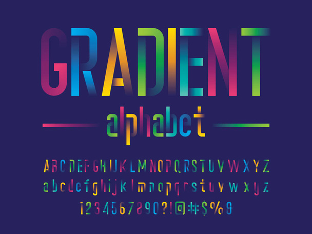Сучасний дизайн градієнтного алфавіту з верхнім регістром, нижнім регістром, цифрами та символом
 - Вектор, зображення